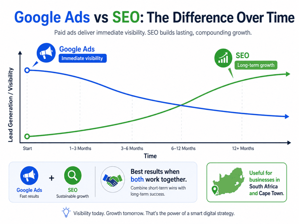 Timeline comparing Google Ads results in days and SEO results in months for South African businesses