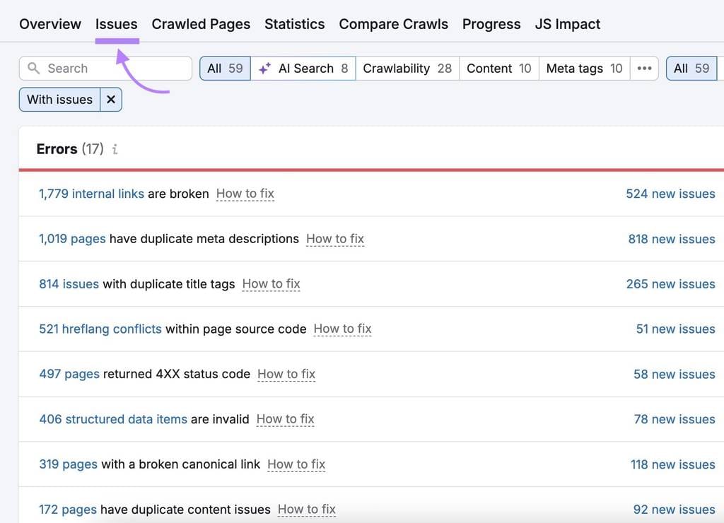 SEO analysis showing common problems that can affect website rankings