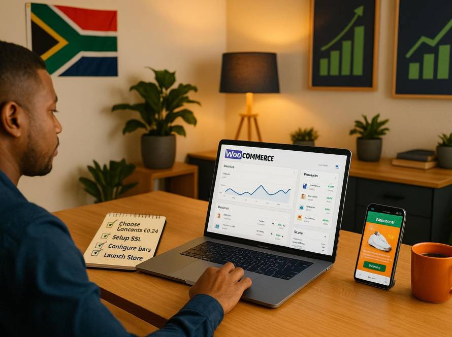 Online store product listings and search performance analytics on a laptop