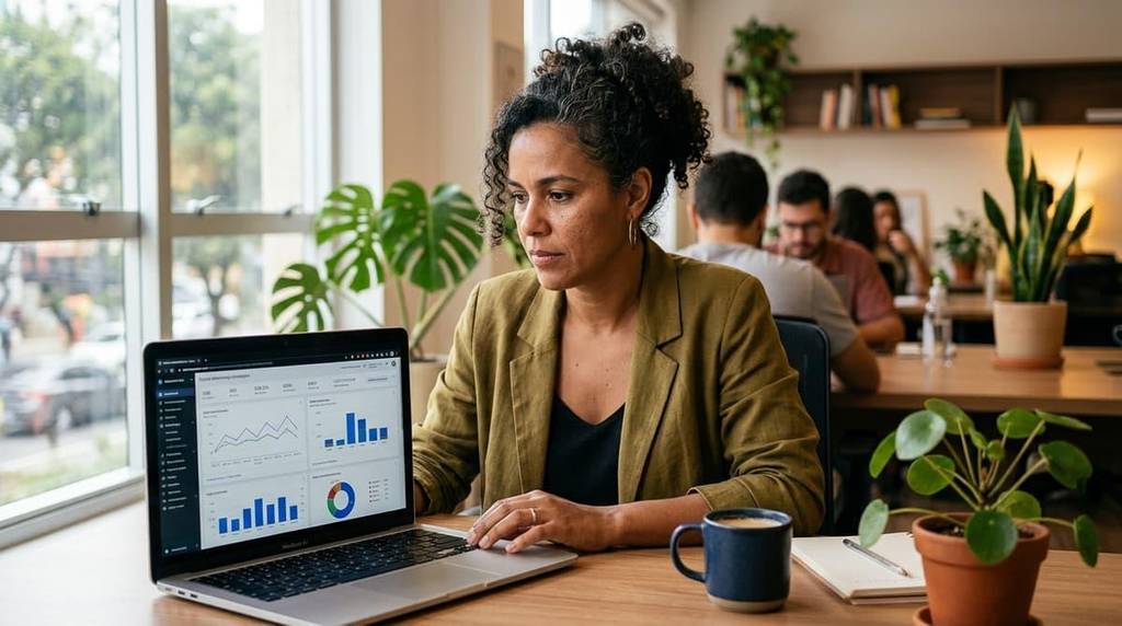 Digital marketing professional reviewing social media campaign performance and engagement analytics.