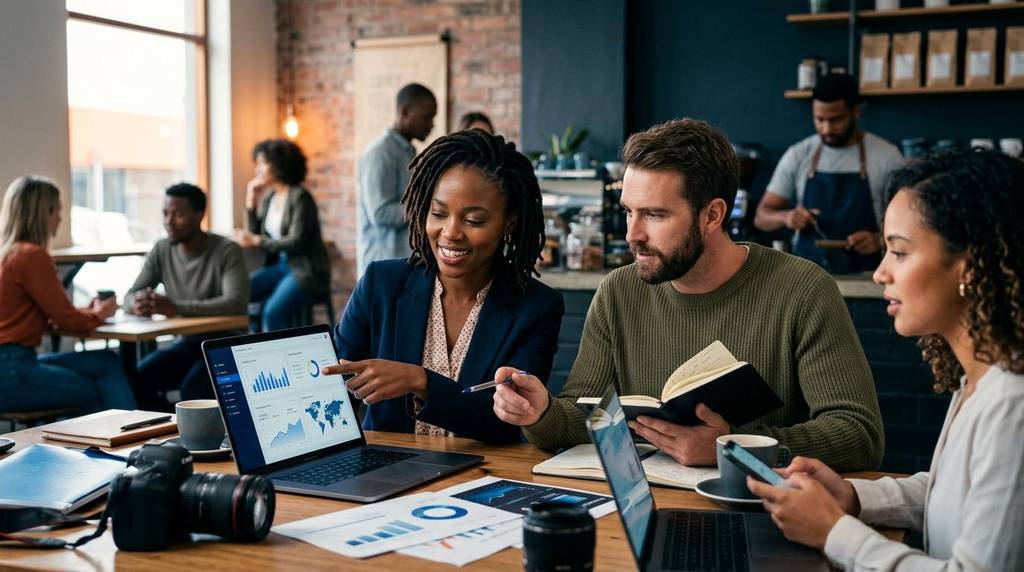 Digital marketing strategist discussing a social media marketing plan with a small business owner.